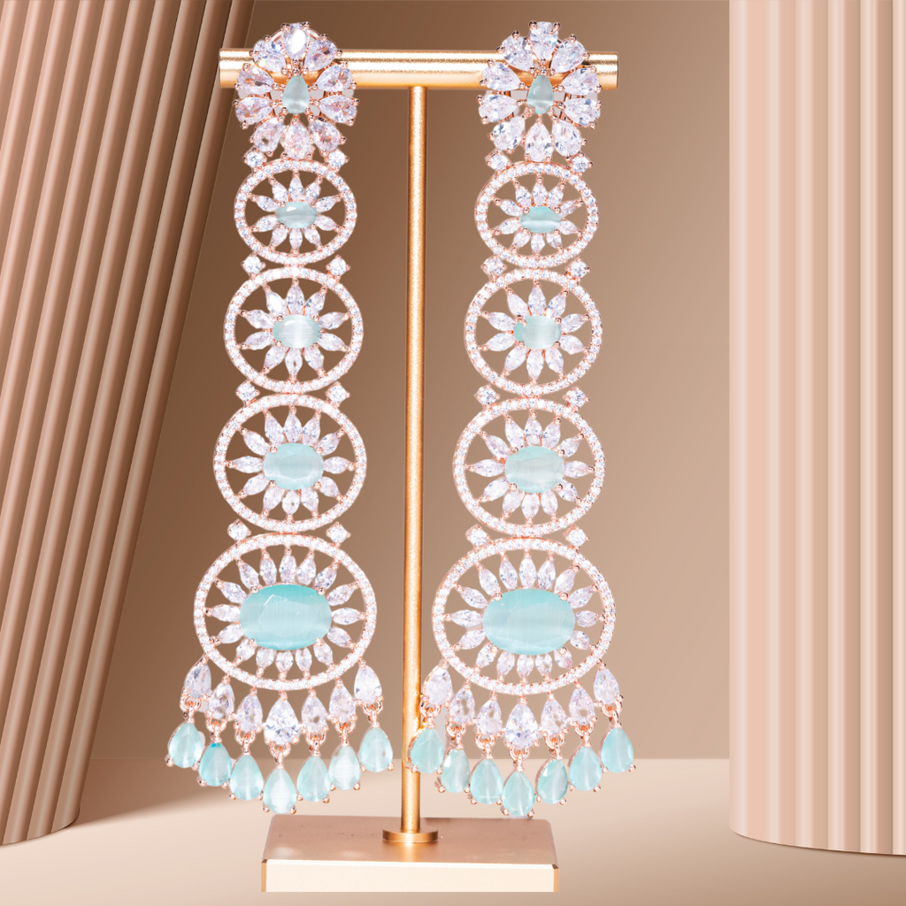 Gigi Mint Rose Gold Long Statement Chandelier Earrings Rose Gold- Jaipur Rose Modern Luxury Designer Indian Jewelry - Jaipur Rose