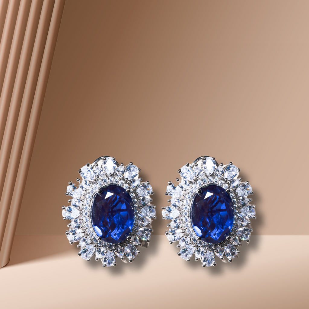 Nouf Sapphire Blue White Gold Statement Studs Indian Jewelry by Jaipur Rose - Jaipur Rose