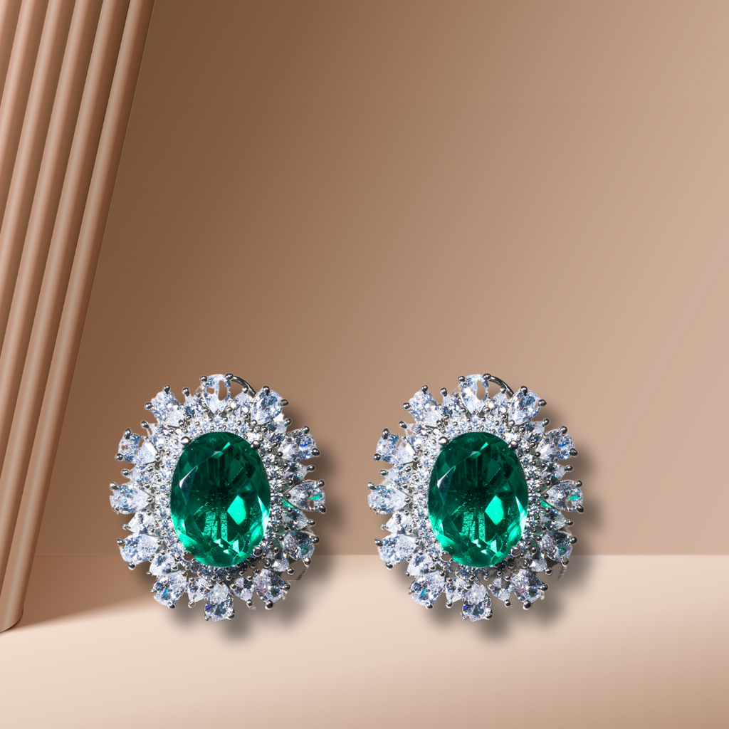 Nouf Emerlad Green White Gold Statement Studs Indian Jewelry by Jaipur Rose - Jaipur Rose