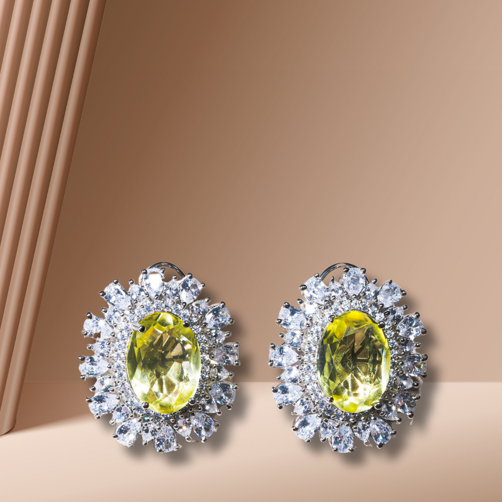 Nouf Citrine Yellow White Gold Statement Studs Indian Jewelry by Jaipur Rose - Jaipur Rose