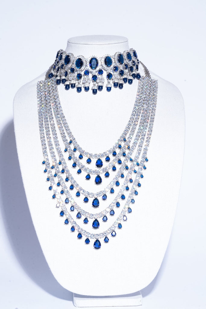 Shivanne Sapphire Blue White Gold Designer Necklace & Earring Set by Jaipur Rose Designer Indian Jewelry - Jaipur Rose