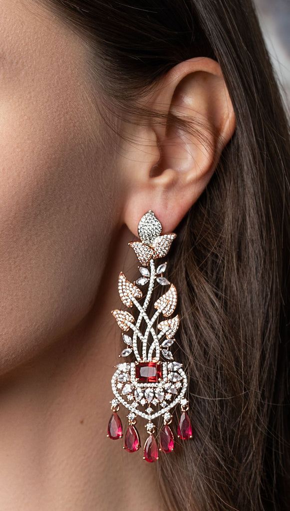 Victoria Statement Earrings Ruby Red Rose Gold- Jaipur Rose Modern Luxury Designer Indian Jewelry - Jaipur Rose
