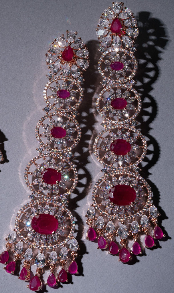 Gigi Ruby Red Long Statement Chandelier Earrings Rose Gold- Jaipur Rose Modern Luxury Designer Indian Jewelry - Jaipur Rose