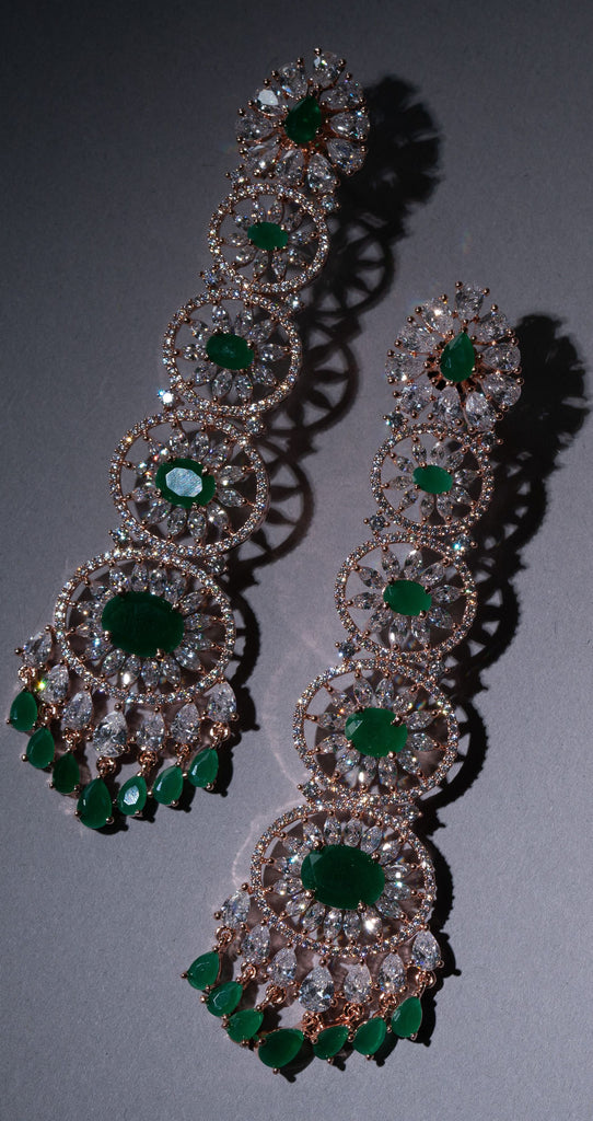 Gigi Emerald Green Long Statement Chandelier Earrings Rose Gold- Jaipur Rose Modern Luxury Designer Indian Jewelry - Jaipur Rose