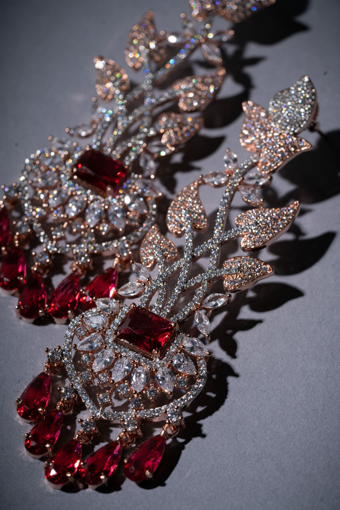 Victoria Statement Earrings Ruby Red Rose Gold- Jaipur Rose Modern Luxury Designer Indian Jewelry - Jaipur Rose