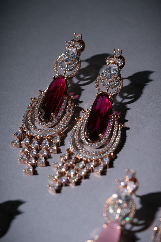 Demi Statement Earrings Ruby Red Rose Gold- Jaipur Rose Modern Luxury Designer Indian Jewelry - Jaipur Rose