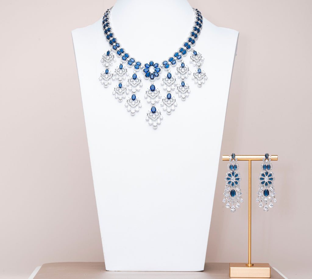 Aklera Sapphire Blue White Gold Luxury Necklace & Earring Set By Jaipur Rose Luxury Indian Jewelry Onli - Jaipur Rose