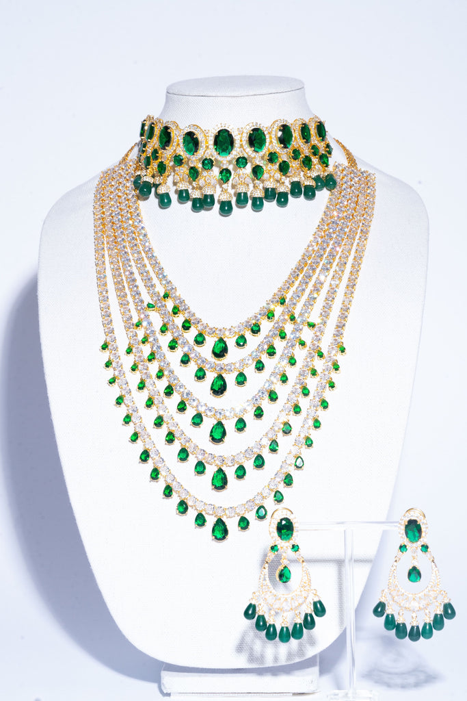 Shivanne Emerald Green Yellow Gold Designer Necklace & Earring Set by Jaipur Rose Designer Indian Jewelry - Jaipur Rose