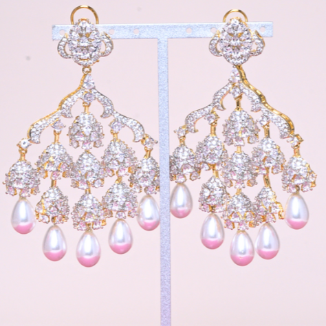 Becca Statement Indian Chandelier Earrings Yellow Gold Pearl Jaipur Rose Designer Indian Jewelry - Jaipur Rose
