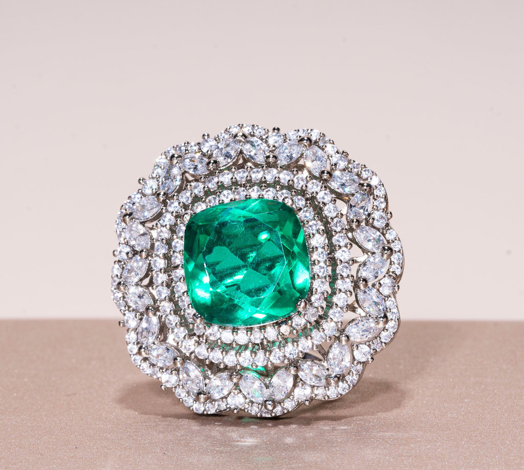 Nisreen Emerald Green Doublet White Gold Indian Jewelry Cocktail Ring by Jaipur Rose - Jaipur Rose
