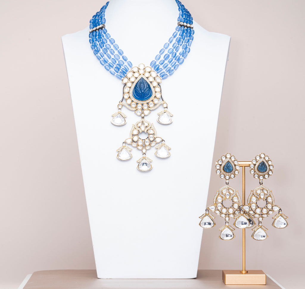 Hadia Iris Blue Luxury Mala & Earring Set By Jaipur Rose Luxury Indian Jewelry Online - Jaipur Rose