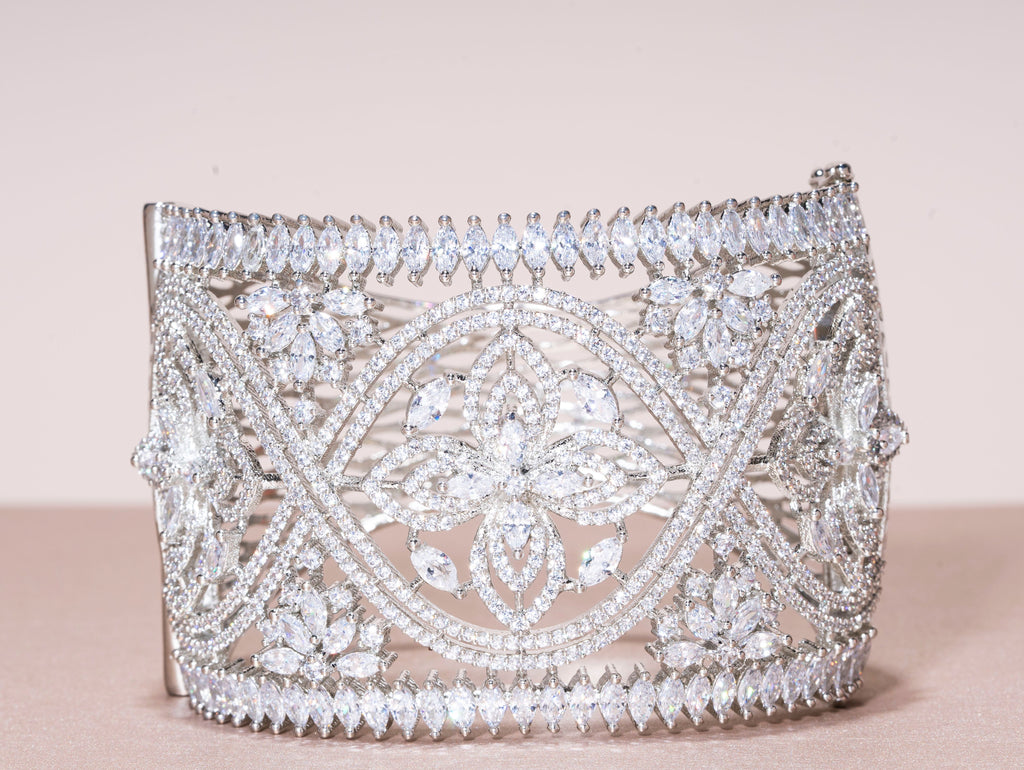 Caprice Statement Cuff Bracelet White Gold By Jaipur Rose Designer Indian Jewelry - Jaipur Rose