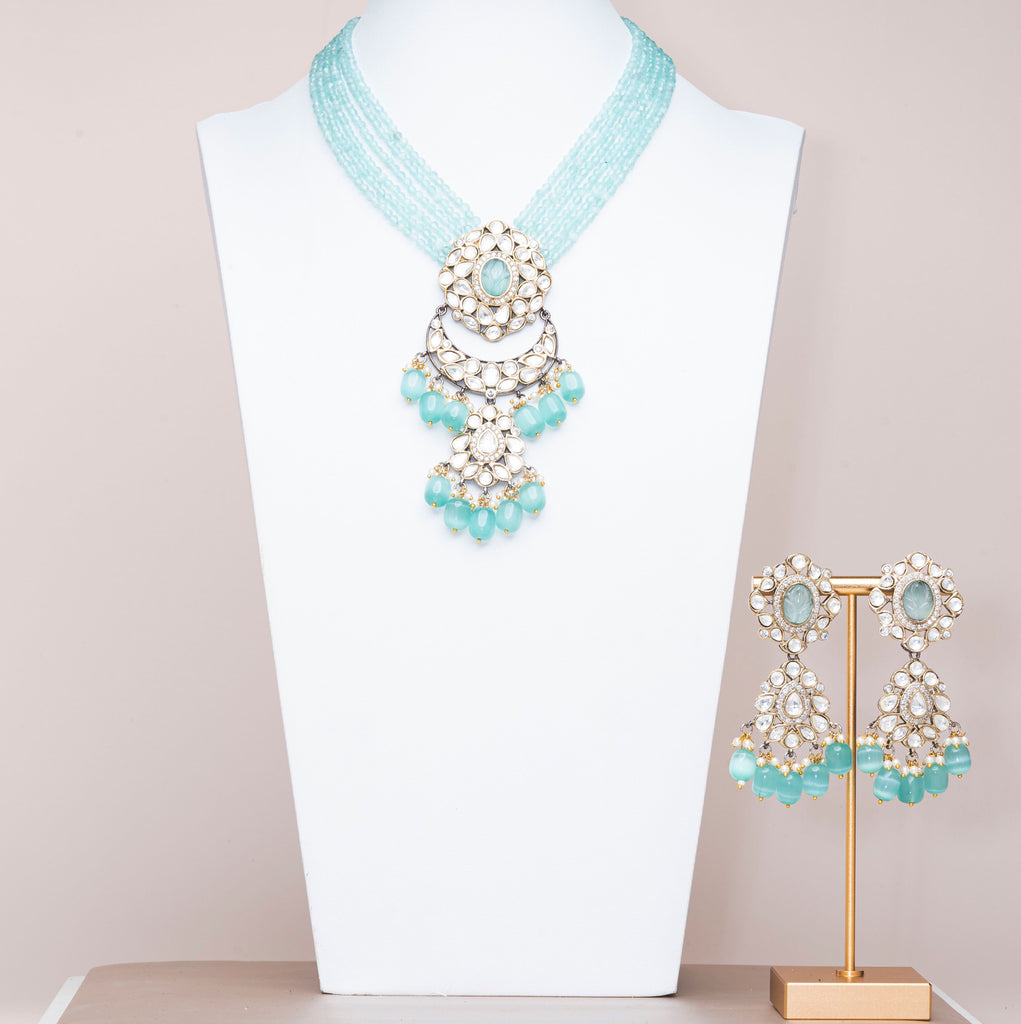 Inas Mint Luxury Mala & Earring Set By Jaipur Rose Luxury Indian Jewelry Online - Jaipur Rose