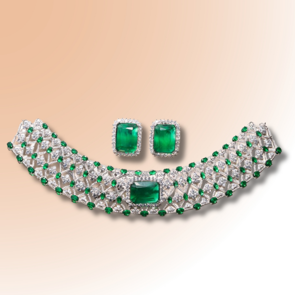 Tracy Emerald Green White Gold Luxury Necklace & Earring Set By Jaipur Rose Luxury Indian Jewelry Onli - Jaipur Rose