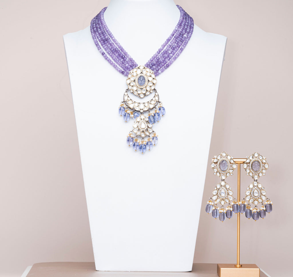 Inas Purple Luxury Mala & Earring Set By Jaipur Rose Luxury Indian Jewelry Online - Jaipur Rose