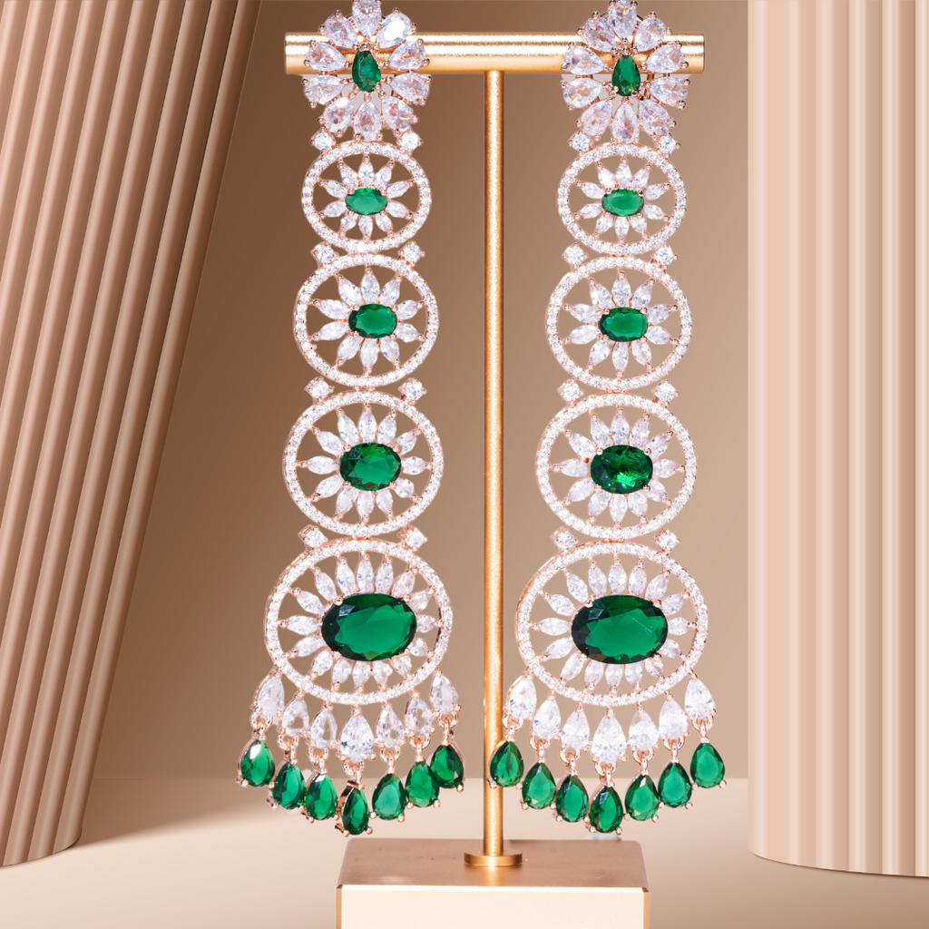 Gigi Emerald Green Long Statement Chandelier Earrings Rose Gold- Jaipur Rose Modern Luxury Designer Indian Jewelry - Jaipur Rose