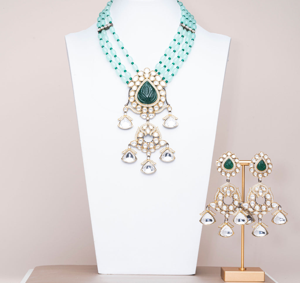 Hadia Emerlad & Mint Luxury Mala & Earring Set By Jaipur Rose Luxury Indian Jewelry Online - Jaipur Rose