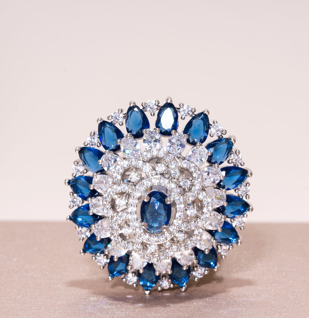 Aya White Gold & Sapphire Blue Indian Jewelry Cocktail Ring by Jaipur Rose - Jaipur Rose