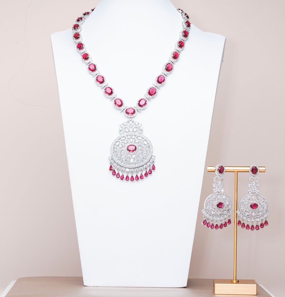 Ria Ruby Red & White Gold Luxury Necklace & Earring Set By Jaipur Rose Luxury Indian Jewelry Online - Jaipur Rose