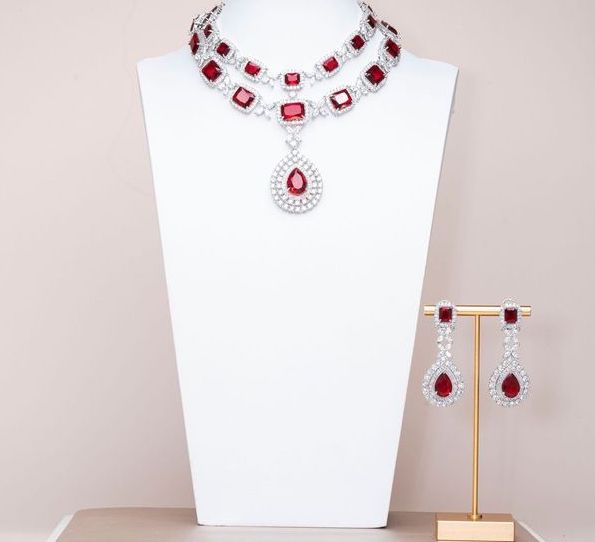 Isaline Ruby Red White Gold Luxury Necklace & Earring Set By Jaipur Rose Luxury Indian Jewelry Onli - Jaipur Rose