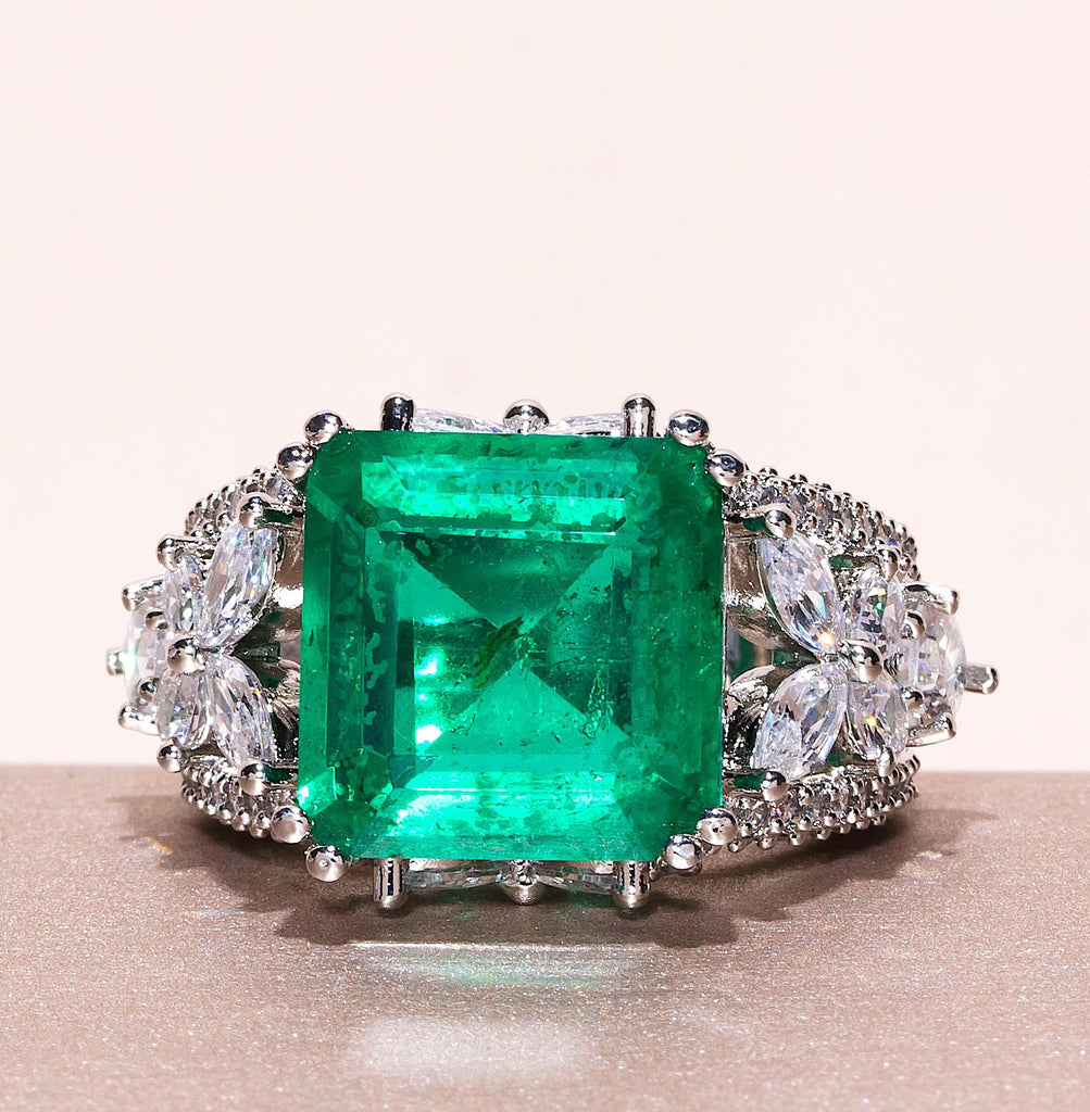 Joud Emerald Green Doublet White Gold Indian Jewelry Cocktail Ring by Jaipur Rose - Jaipur Rose