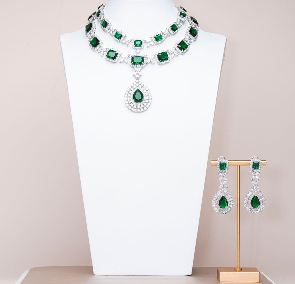 Isaline Emerald Green White Gold Luxury Necklace & Earring Set By Jaipur Rose Luxury Indian Jewelry Onli - Jaipur Rose