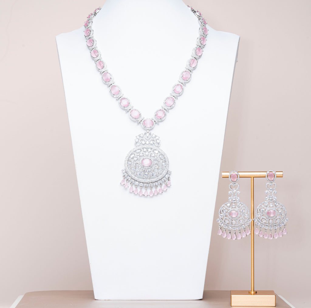 Ria Pink & White Gold Luxury Necklace & Earring Set By Jaipur Rose Luxury Indian Jewelry Online - Jaipur Rose