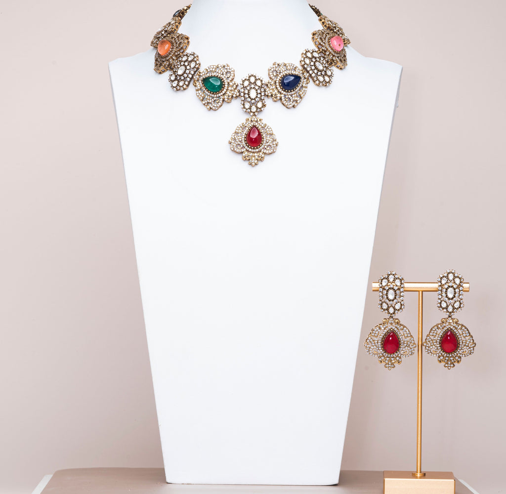 Vedang Multicolor Victorian Plated Luxury Necklace & Earring Set By Jaipur Rose Luxury Indian Jewelry Online - Jaipur Rose