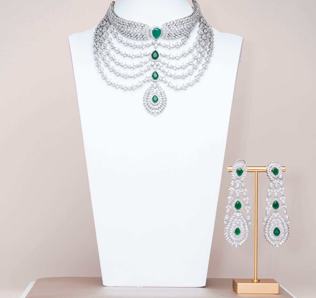Ahana Luxury Emerald Green Necklace & Earring Set By Jaipur Rose Luxury Indian Jewelry Onli - Jaipur Rose