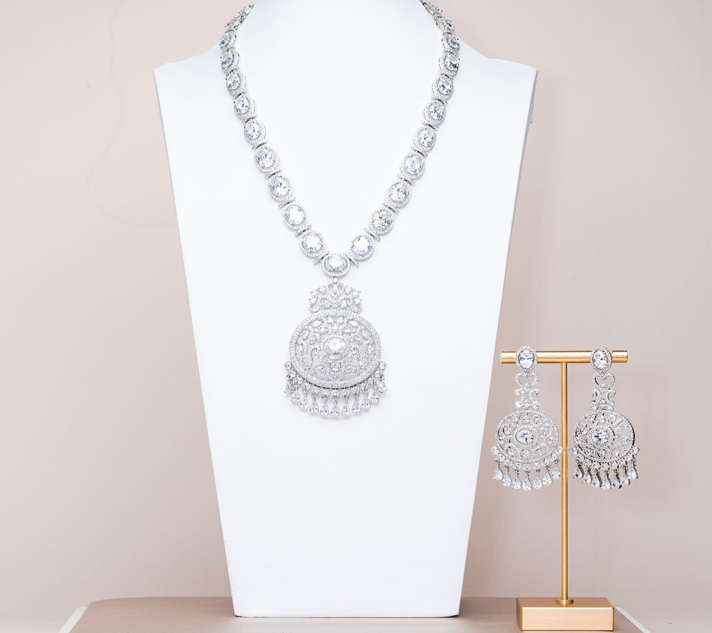 Ria White Gold Luxury Necklace & Earring Set By Jaipur Rose Luxury Indian Jewelry Online - Jaipur Rose