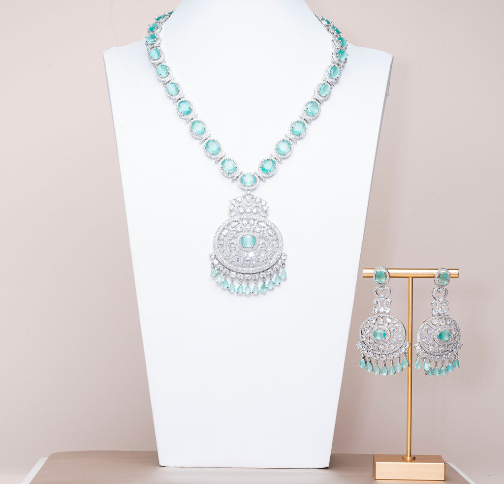 Ria Mint & White Gold Luxury Necklace & Earring Set By Jaipur Rose Luxury Indian Jewelry Onli - Jaipur Rose