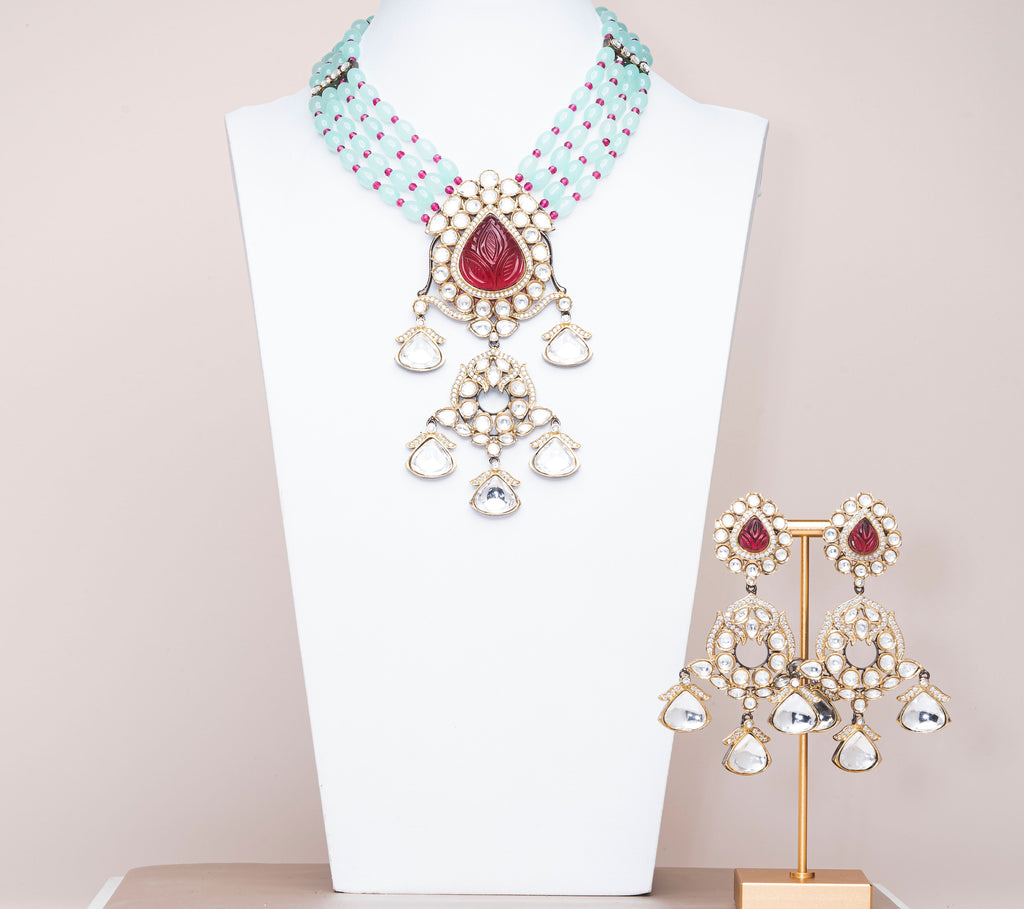 Hadia Mint & Ruby Luxury Mala & Earring Set By Jaipur Rose Luxury Indian Jewelry Online - Jaipur Rose