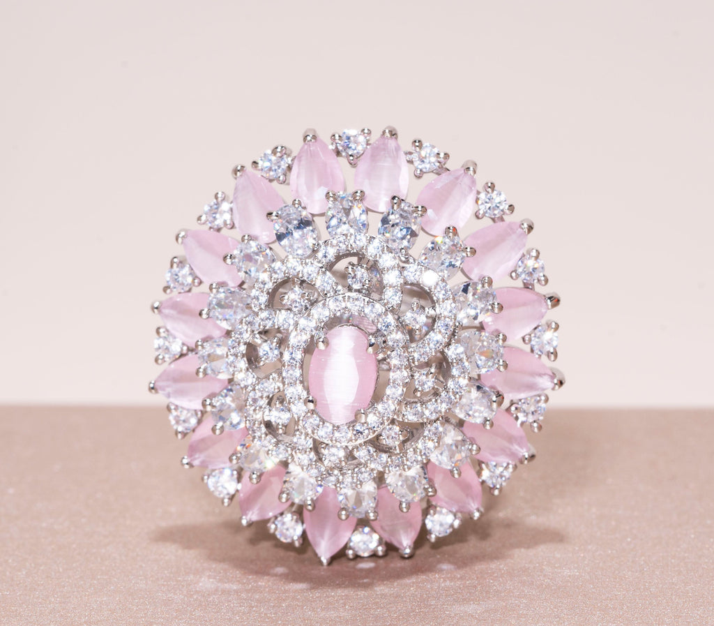 Aya White Gold & Pink Indian Jewelry Cocktail Ring by Jaipur Rose - Jaipur Rose