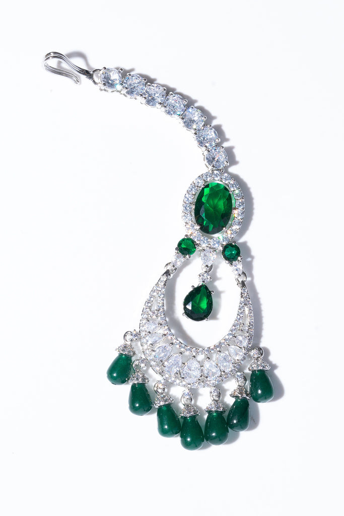 Shivanne Emerald Green White Gold Designer Necklace & Earring Set by Jaipur Rose Designer Indian Jewelry - Jaipur Rose