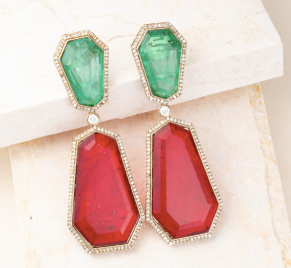 Luna Mint & Ruby Turkish Statement Doublet Earrings Jaipur Rose Designer Indian Jewelry Online - Jaipur Rose