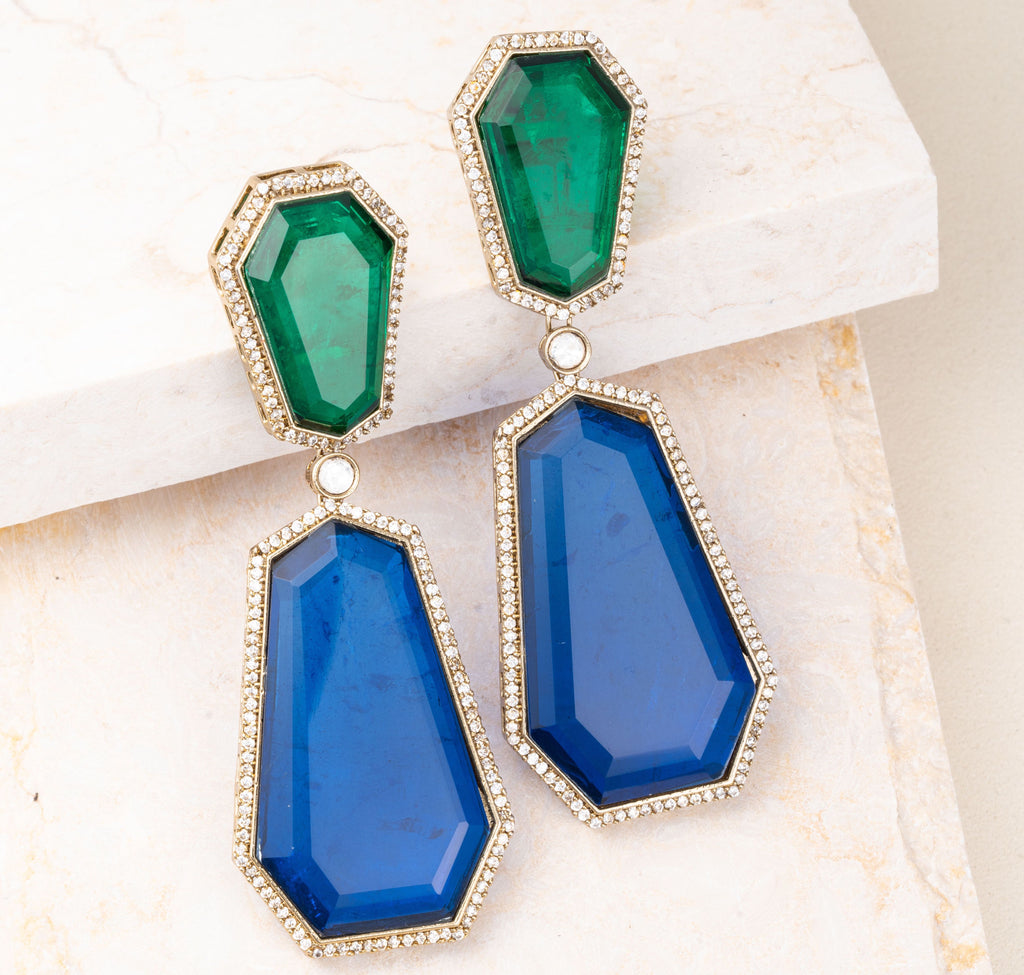 Luna Sapphire Blue & Emerald Green Turkish Statement Doublet Earrings Jaipur Rose Designer Indian Jewelry Online - Jaipur Rose