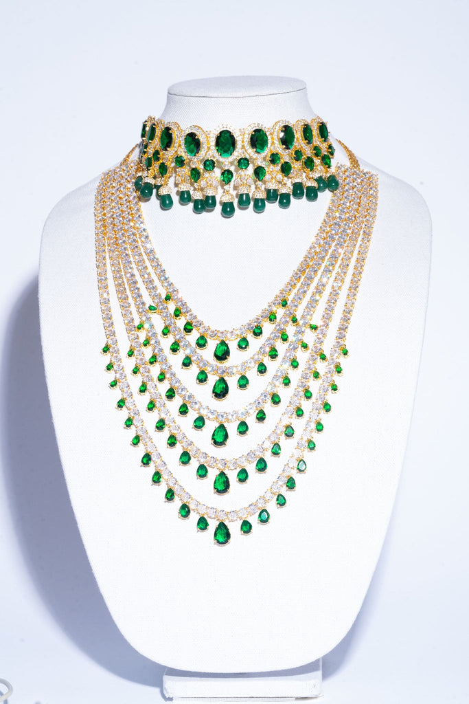 Shivanne Emerald Green Yellow Gold Designer Necklace & Earring Set by Jaipur Rose Designer Indian Jewelry - Jaipur Rose