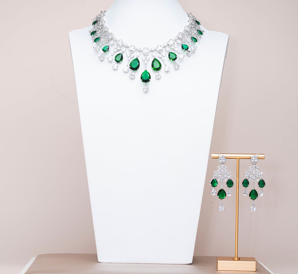 Falna Emerald Green White Gold Luxury Necklace & Earring Set By Jaipur Rose Luxury Indian Jewelry Onli - Jaipur Rose