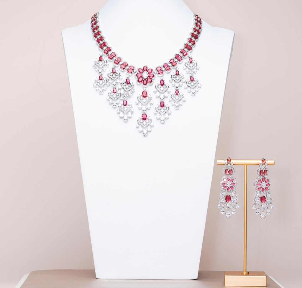 Aklera Ruby Red White Gold Luxury Necklace & Earring Set By Jaipur Rose Luxury Indian Jewelry Onli - Jaipur Rose