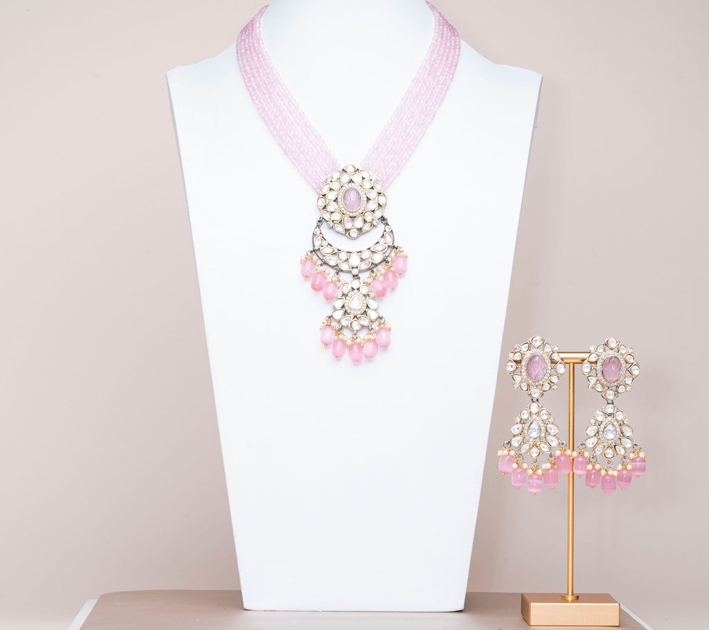 Inas Pink Luxury Mala & Earring Set By Jaipur Rose Luxury Indian Jewelry Online - Jaipur Rose