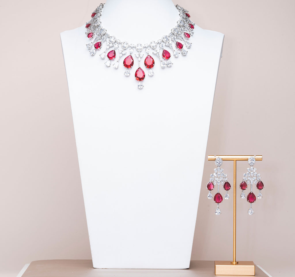 Falna Ruby Red White Gold Luxury Necklace & Earring Set By Jaipur Rose Luxury Indian Jewelry Onli - Jaipur Rose