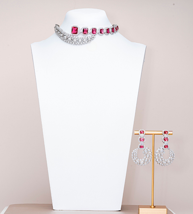 Tijara Ruby Red White Gold Luxury Choker Necklace & Earring Set By Jaipur Rose Luxury Indian Jewelry Onli - Jaipur Rose