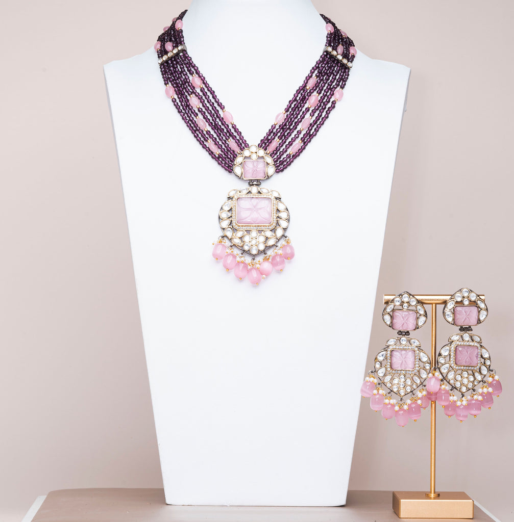 Rania Pink & Purple Luxury Mala & Earring Set By Jaipur Rose Luxury Indian Jewelry Online - Jaipur Rose