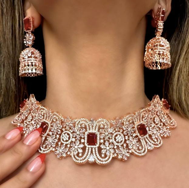 Cerise Rose Gold and Ruby Red  Choker and Jhumka Earring Set By Jaipur Rose Designer Modern Indian Jewelry (Copy) - Jaipur Rose