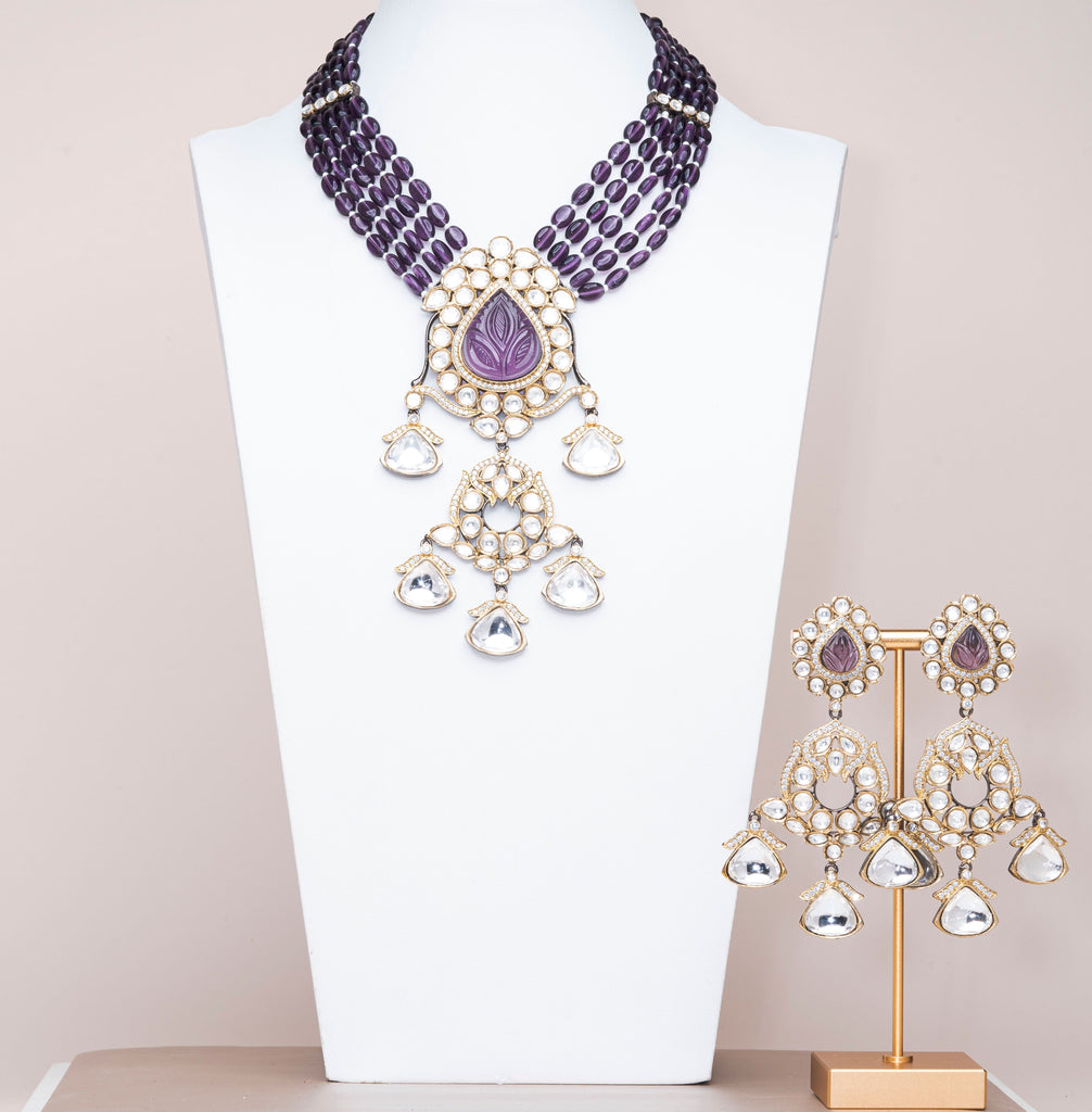 Hadia Purple Luxury Mala & Earring Set By Jaipur Rose Luxury Indian Jewelry Online - Jaipur Rose