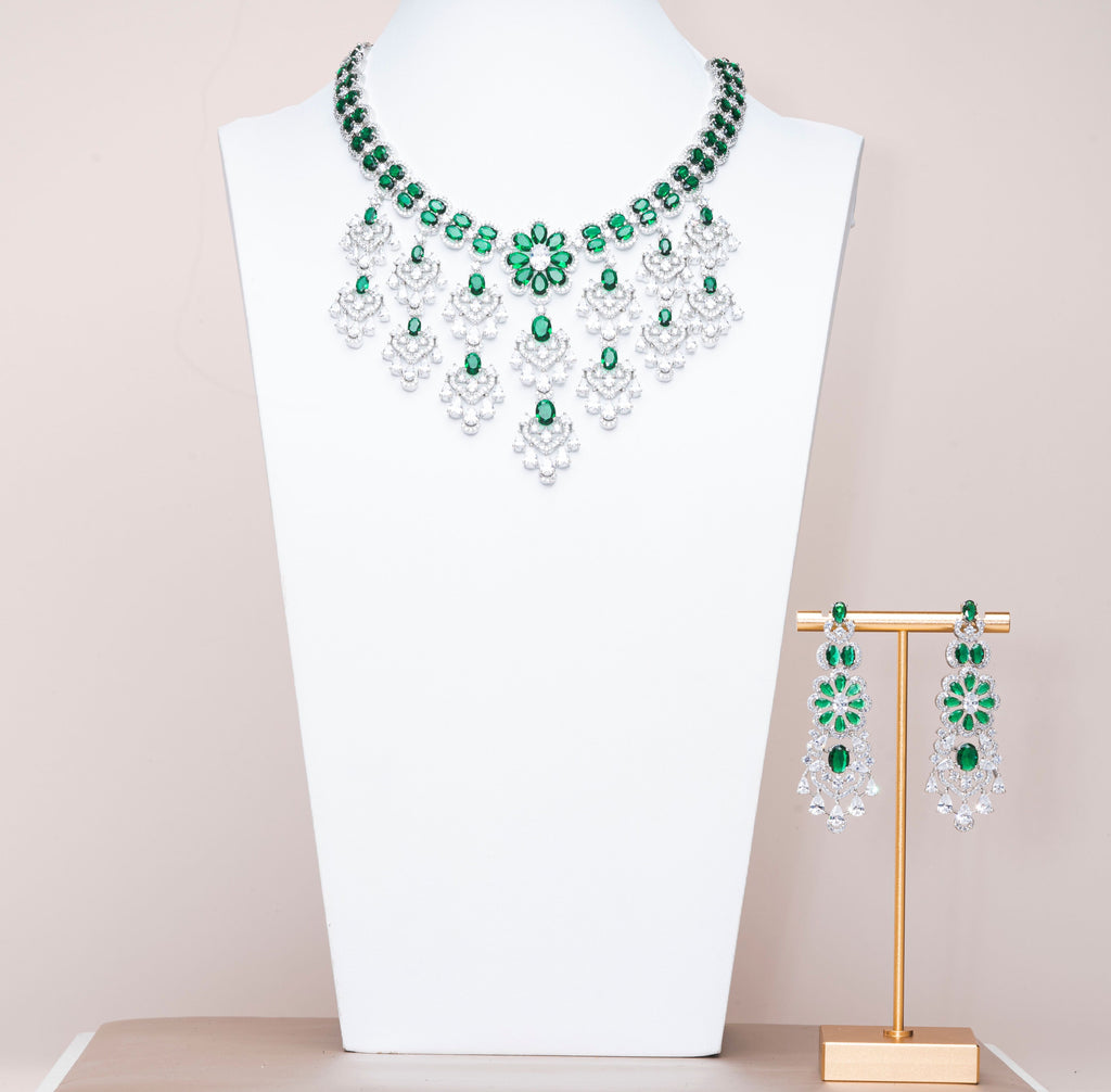 Aklera Emerald Green White Gold Luxury Necklace & Earring Set By Jaipur Rose Luxury Indian Jewelry Onli - Jaipur Rose