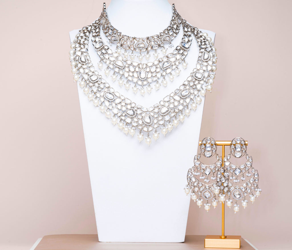 Lavanya Moissanite White Gold Luxury Necklace & Earring Set By Jaipur Rose Luxury Indian Jewelry Online - Jaipur Rose