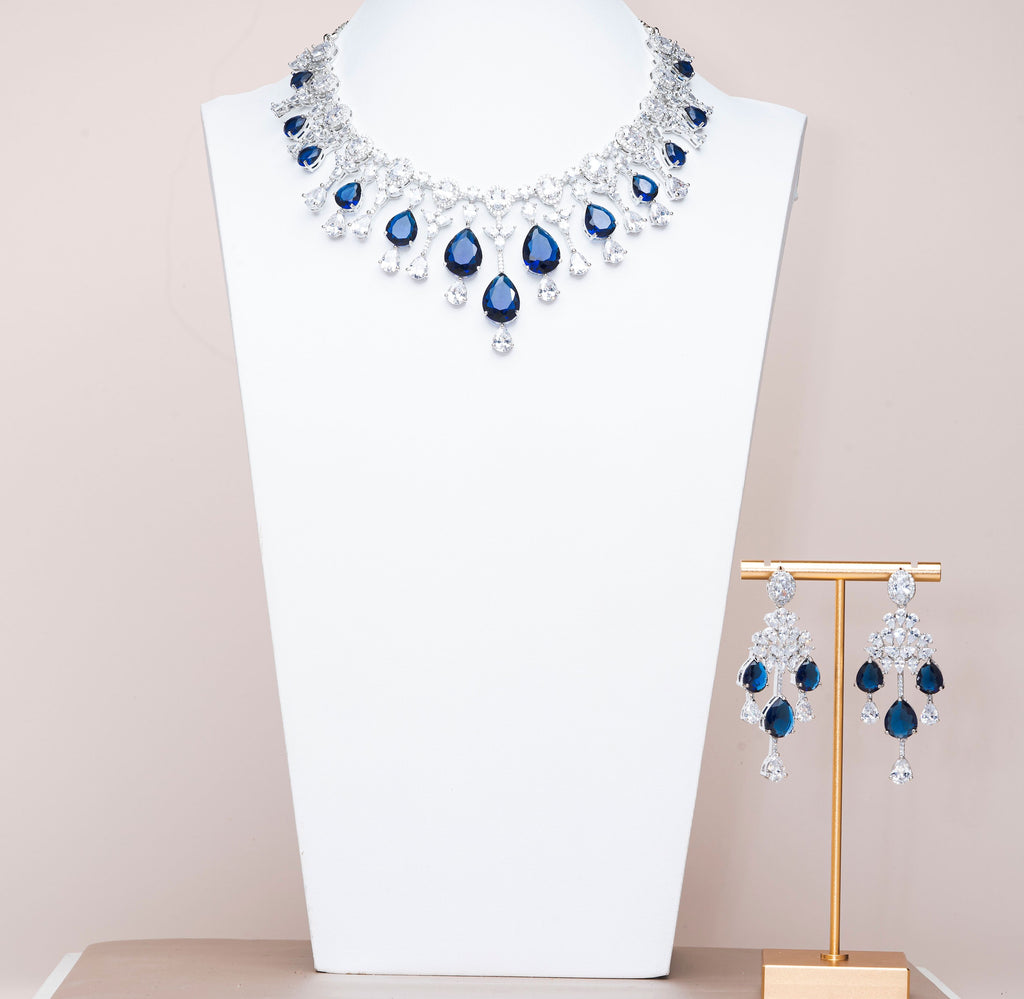 Falna Sapphire Blue White Gold Luxury Necklace & Earring Set By Jaipur Rose Luxury Indian Jewelry Onli - Jaipur Rose