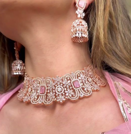 Cerise Rose Gold and Pink Choker and Jhumka Earring Set By Jaipur Rose Designer Modern Indian Jewelry (Copy) (Copy) - Jaipur Rose