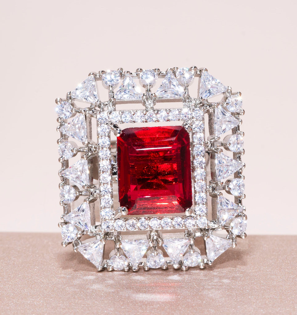 Aria Doublet Ruby Red White Gold Indian Jewelry Cocktail Ring by Jaipur Rose - Jaipur Rose